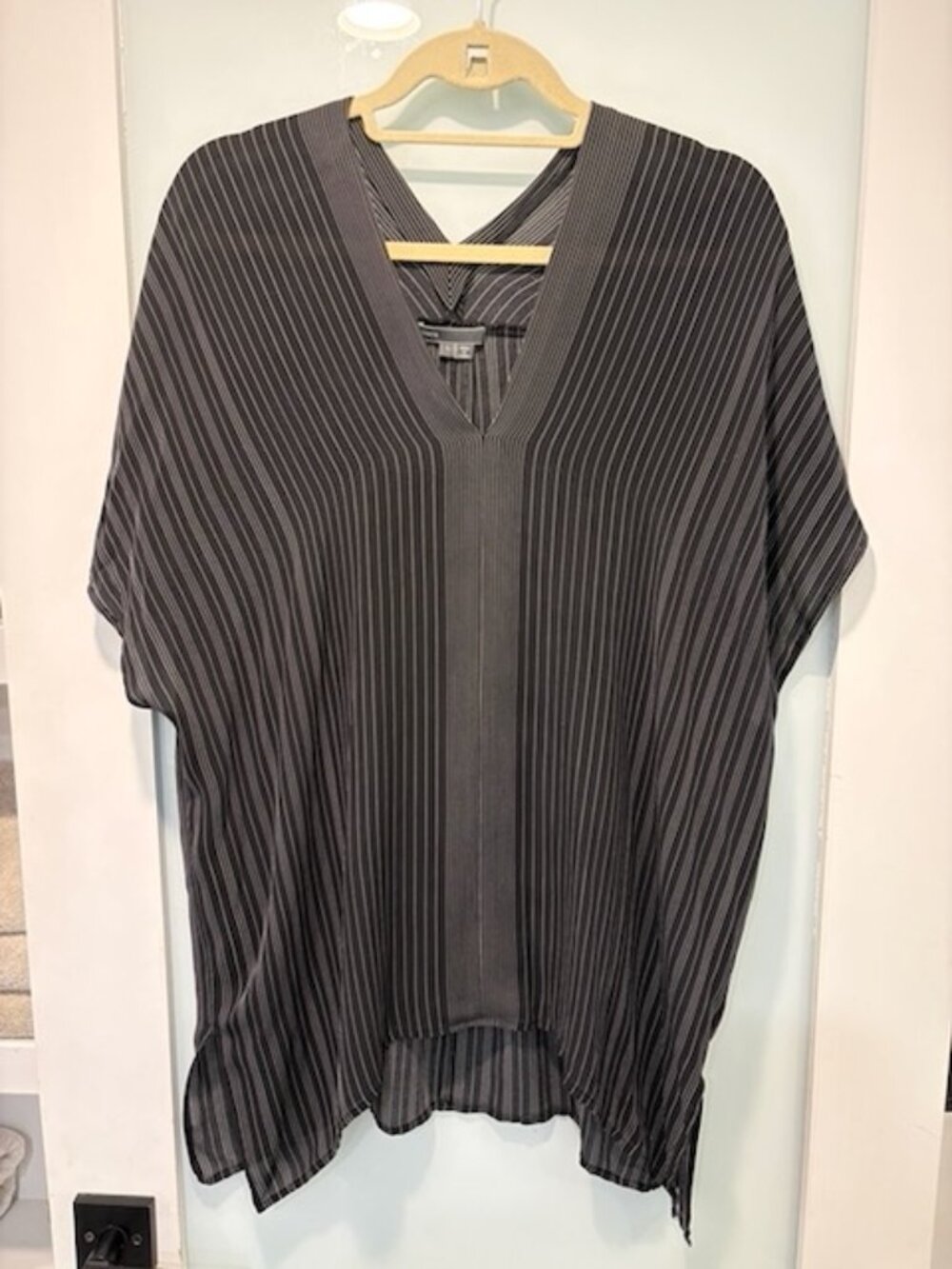 Vince L Silk Striped Oversized V-Neck Poncho Blouse